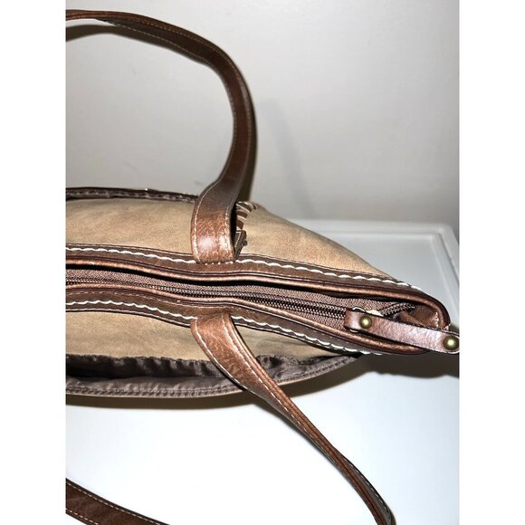 BOC Brown Faux Leather Double Handles Top Zipper Stitched Tote Bag - Picture 12 of 16